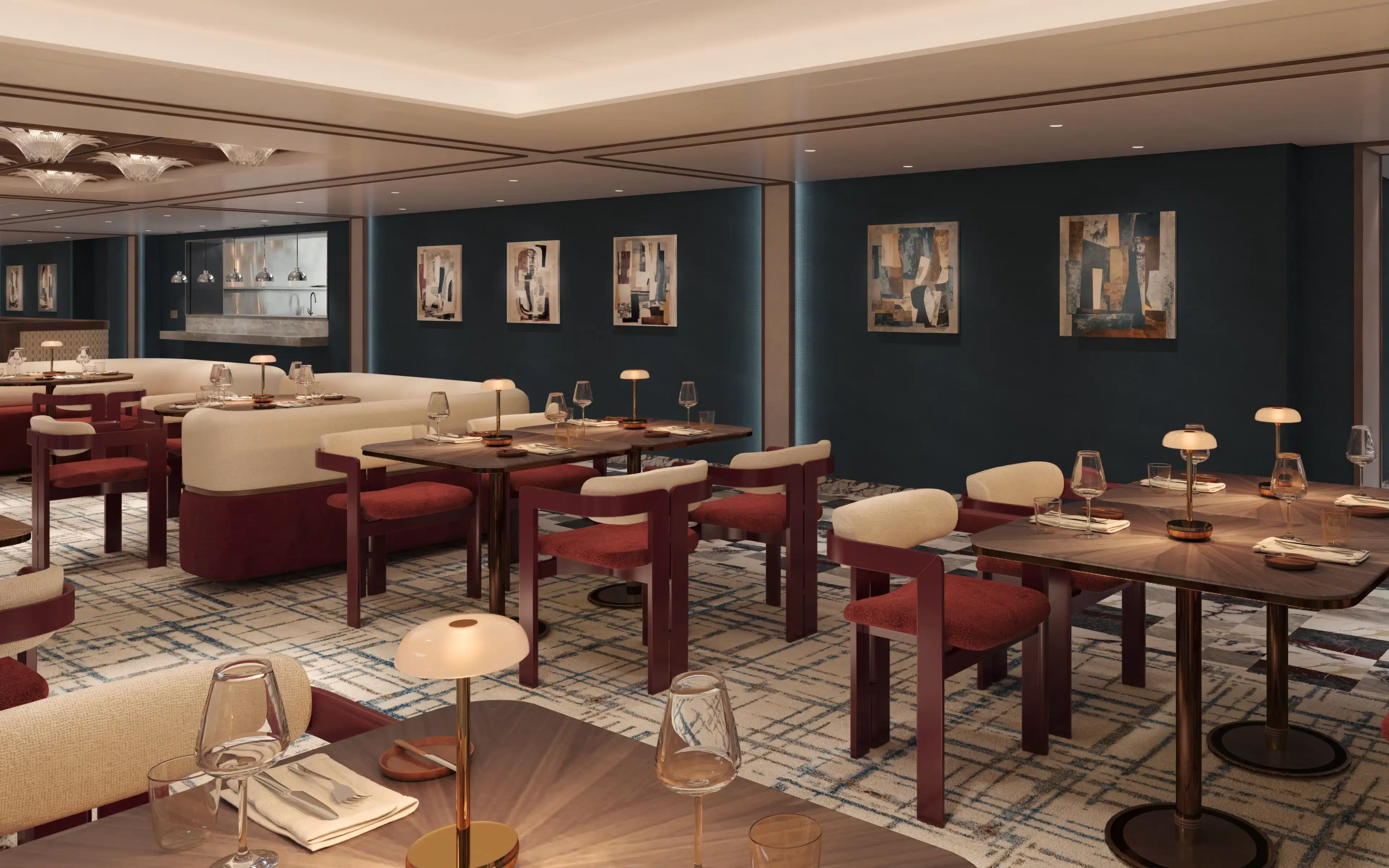 The interior dining room of Beefbar restaurant on Crystal Grace, featuring deep teal walls, burgundy upholstered chairs, cream curved banquettes, dark wood tables with ambient table lamps, and abstract artwork