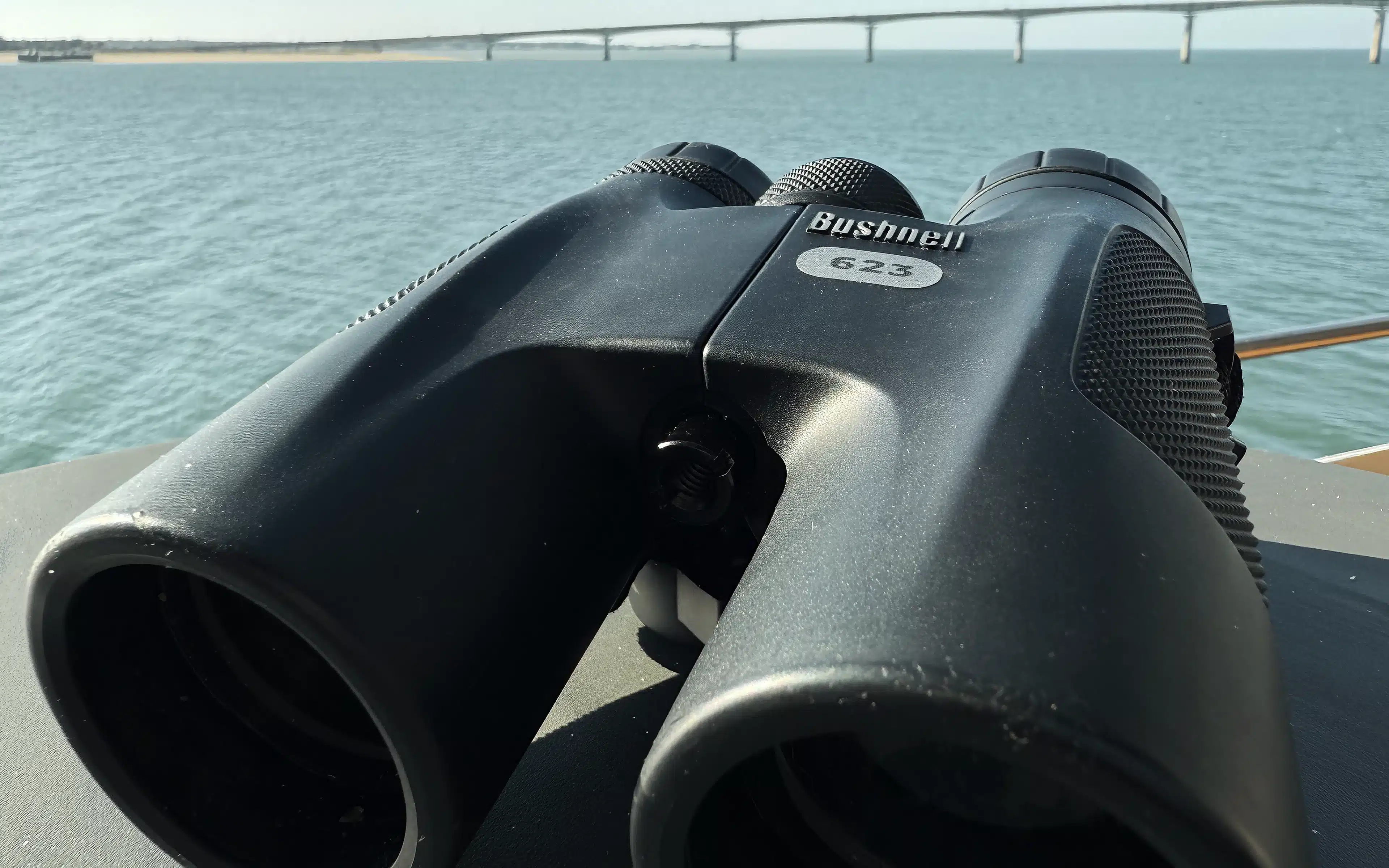 Bushnell binoculars resting on the deck of World Voyager, with a coastal bridge and turquoise water visible in the background beneath a clear blue sky