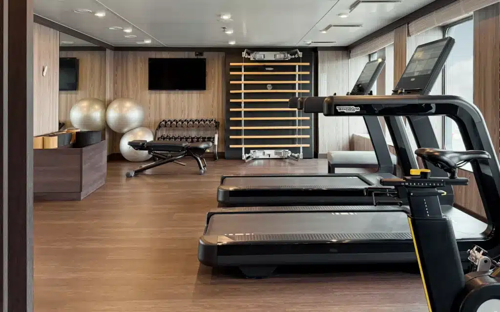 World Voyager fitness studio with two TechnoGym treadmills, an upright exercise bike, functional training ladder, dumbbell rack, stability balls, and ocean-facing windows providing natural light