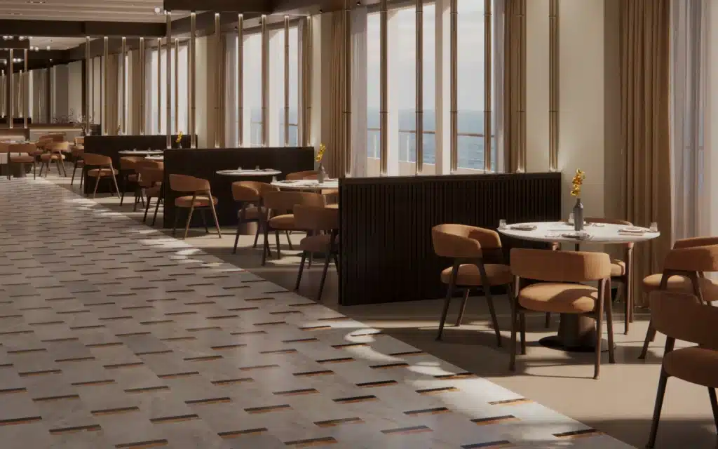 Architectural rendering of The Bistro dining room aboard Crystal Grace, featuring amber upholstered chairs, dark fluted booth dividers, marble-topped tables, floor-to-ceiling windows with ocean views, and a geometric stone-inlaid floor