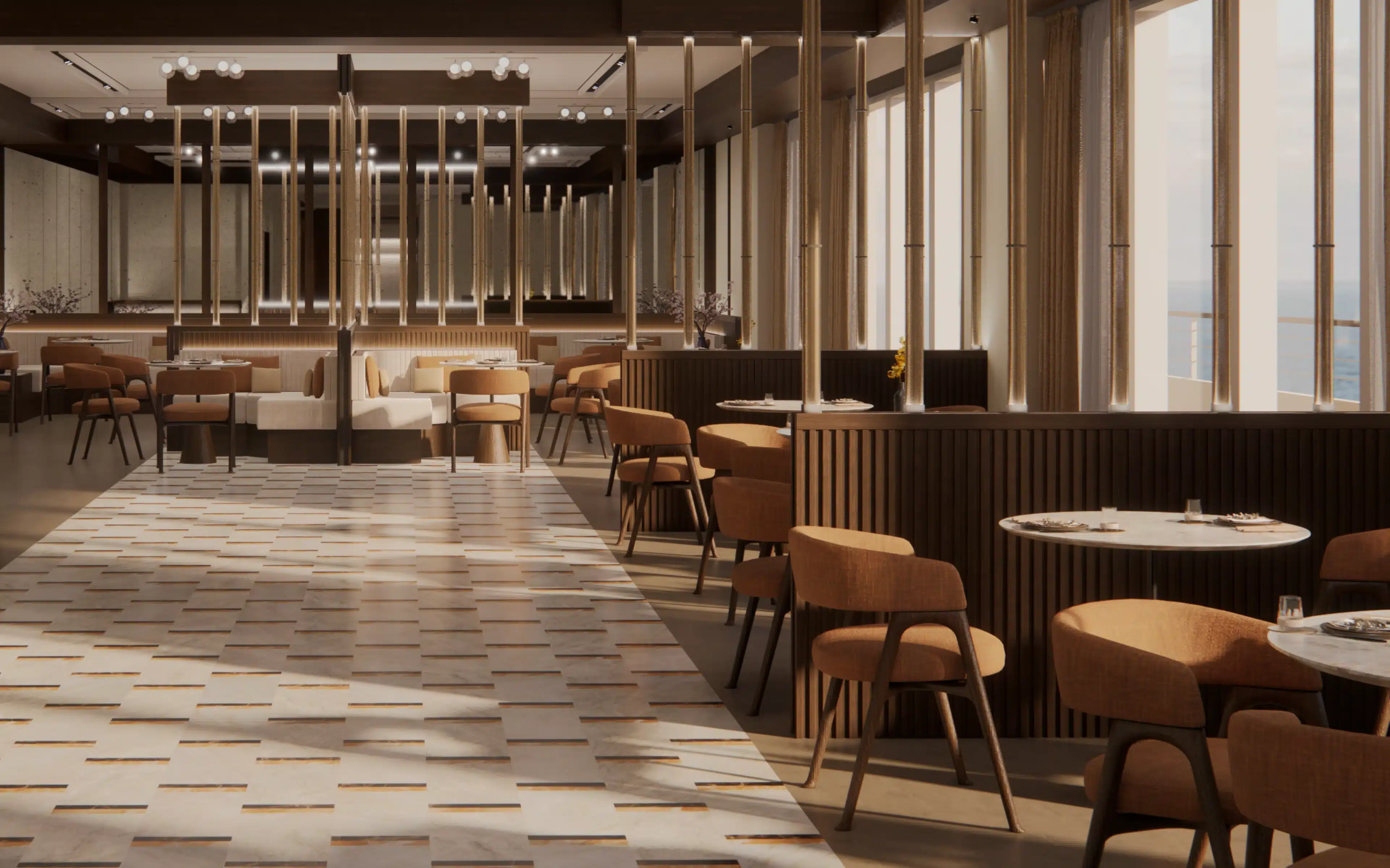 Architectural rendering of The Bistro aboard Crystal Grace showing the full dining room from midship, with gold-toned vertical pendant lighting, mixed seating including cream banquettes and amber chairs, slatted wood dividers, and ocean-facing floor-to-ceiling