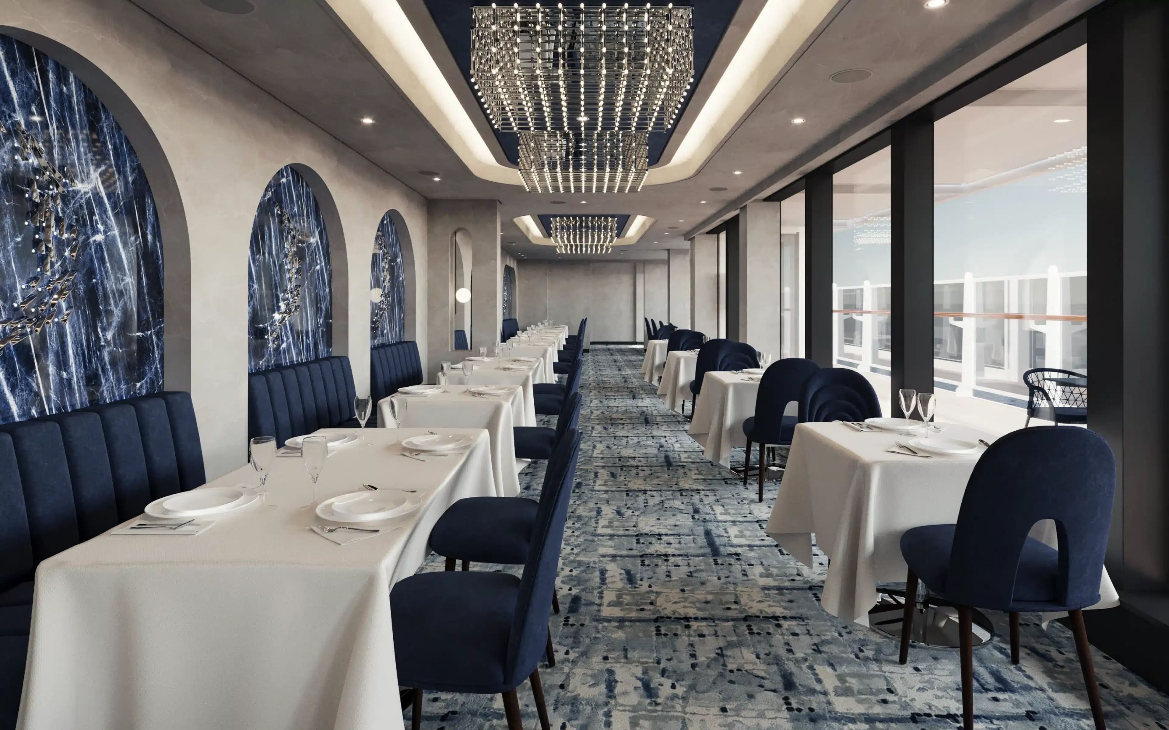 Architectural rendering of Anthology restaurant aboard Explora III, featuring a long dining room with white-linen banquet tables, deep navy velvet high-backed chairs, arched wall niches inset with blue-veined stone art panels, abstract blue-toned carpet, and a cascading crystal chandelier overhead, with floor-to-ceiling windows to starboard