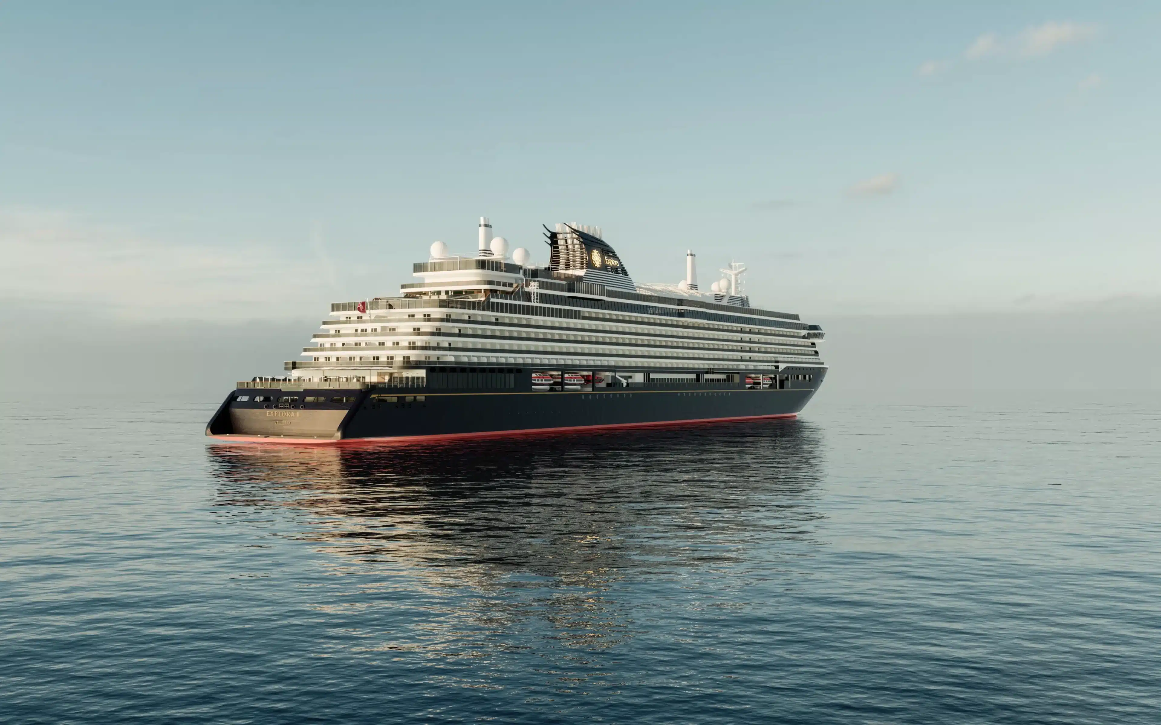 Explora III luxury cruise ship rendering, showing the vessel at anchor on calm open water