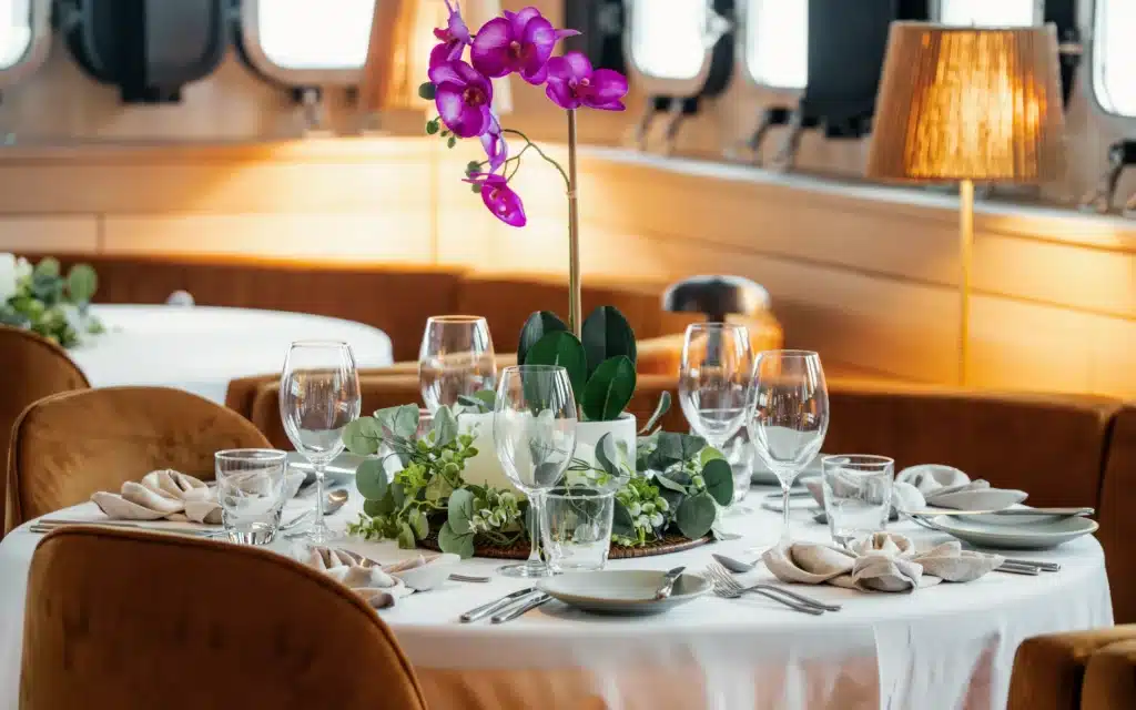 Dining table set with orchid centerpiece aboard the ship