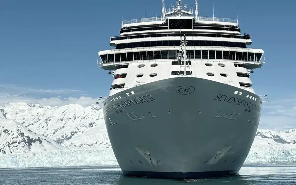 Seven Seas Explorer bow facing Hubbard Glacier in Alaska