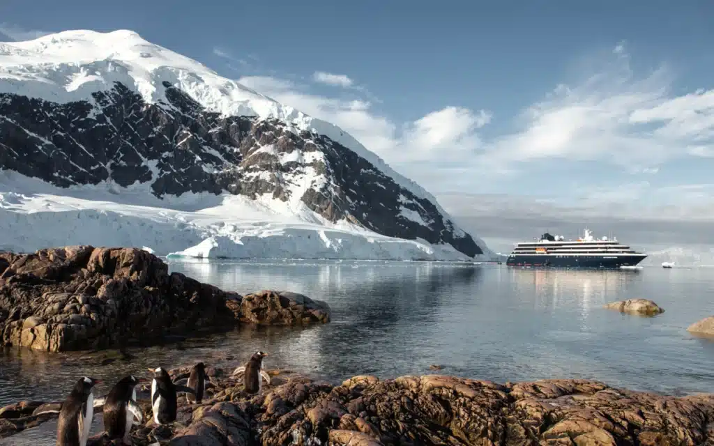Gentoo penguins on rocky shore watching small expedition ship anchor in Antarctic bay