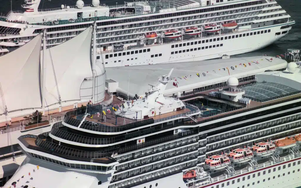 Cruise ships docked side by side at Vancouver's Canada Place