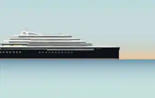 Rendering of a SeaDream ship against a pastel sunset sky