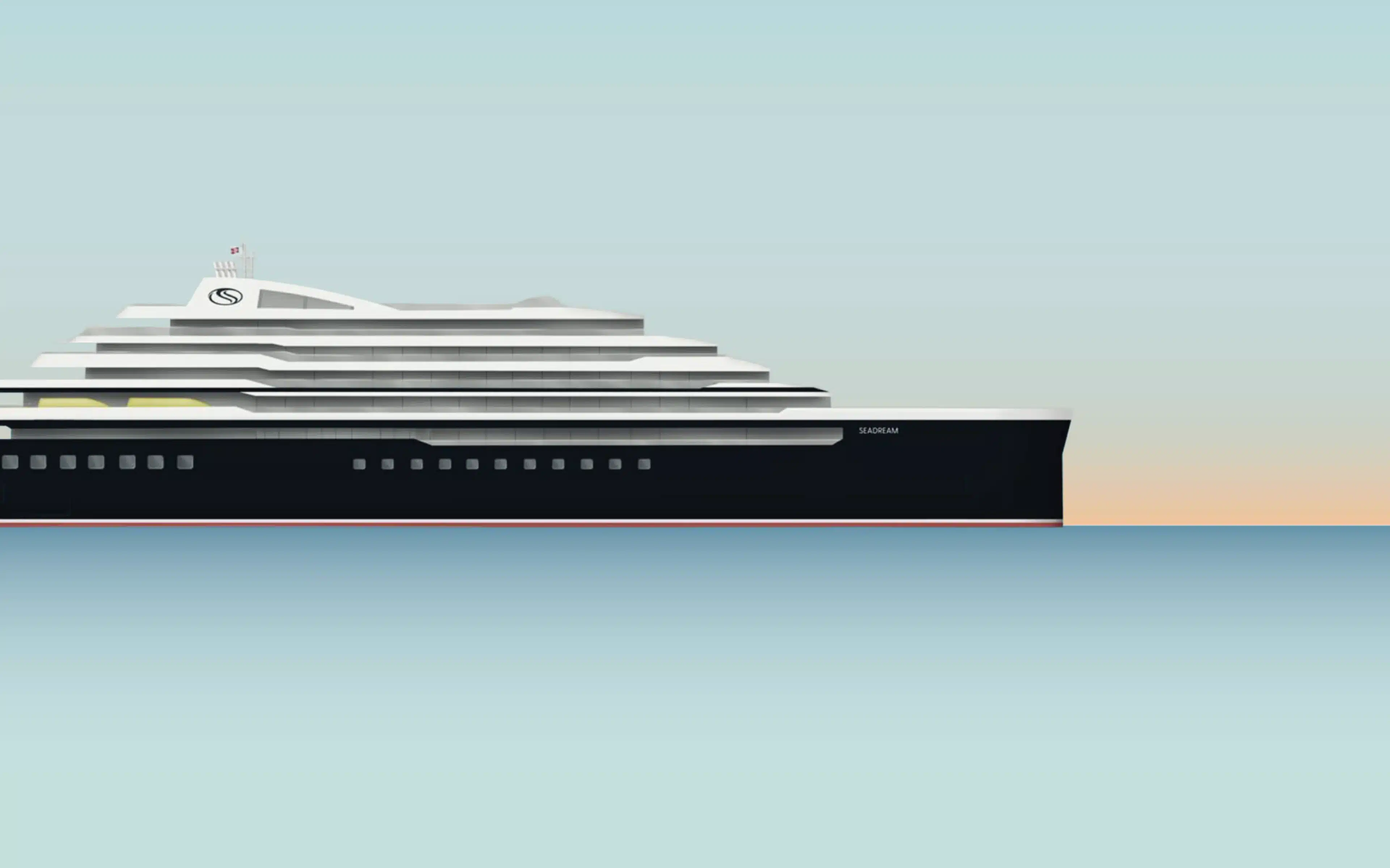 Rendering of a SeaDream ship against a pastel sunset sky