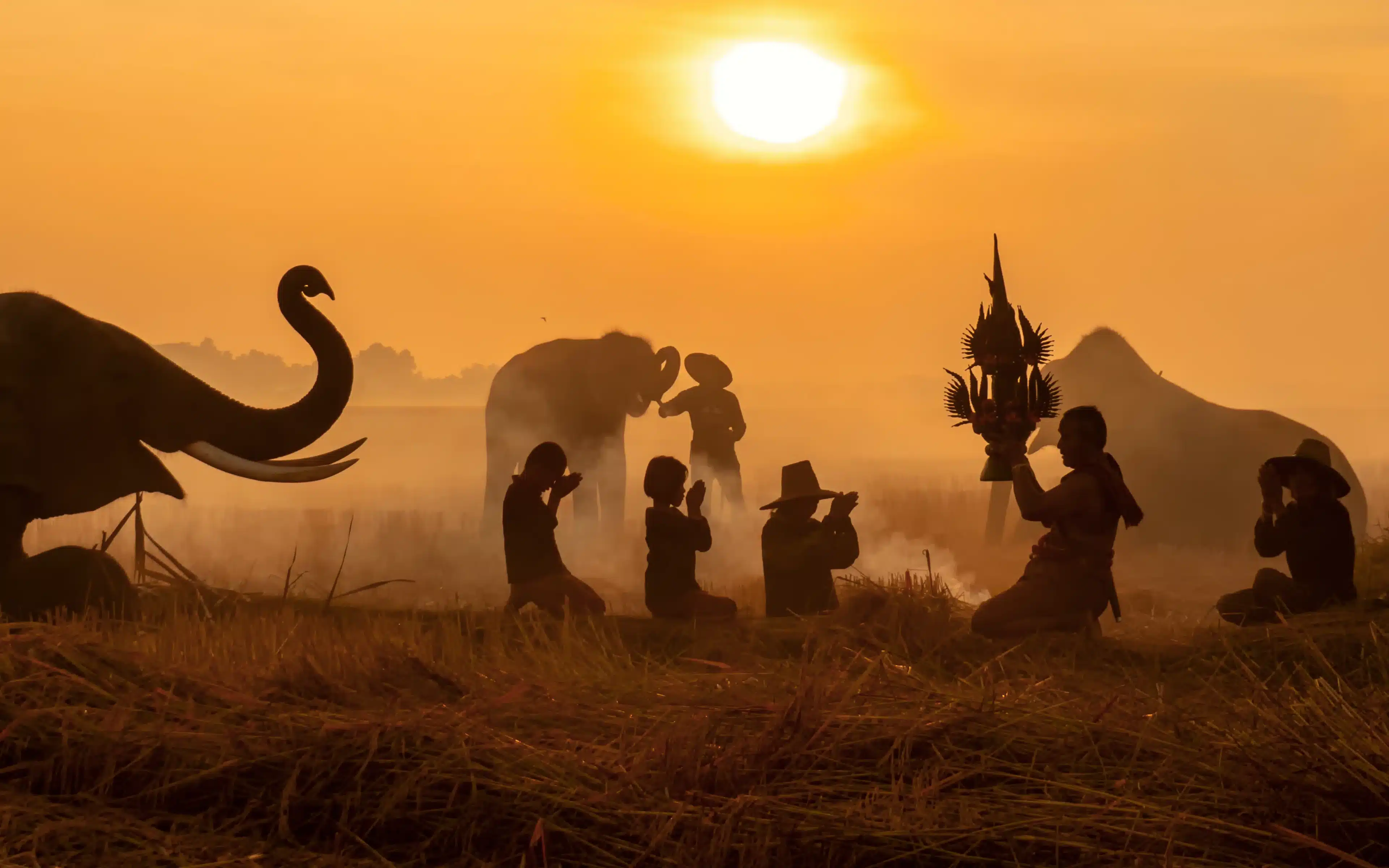 Silhouetted villagers kneel in prayer beside elephants in a misty Southeast Asian rice field at sunrise