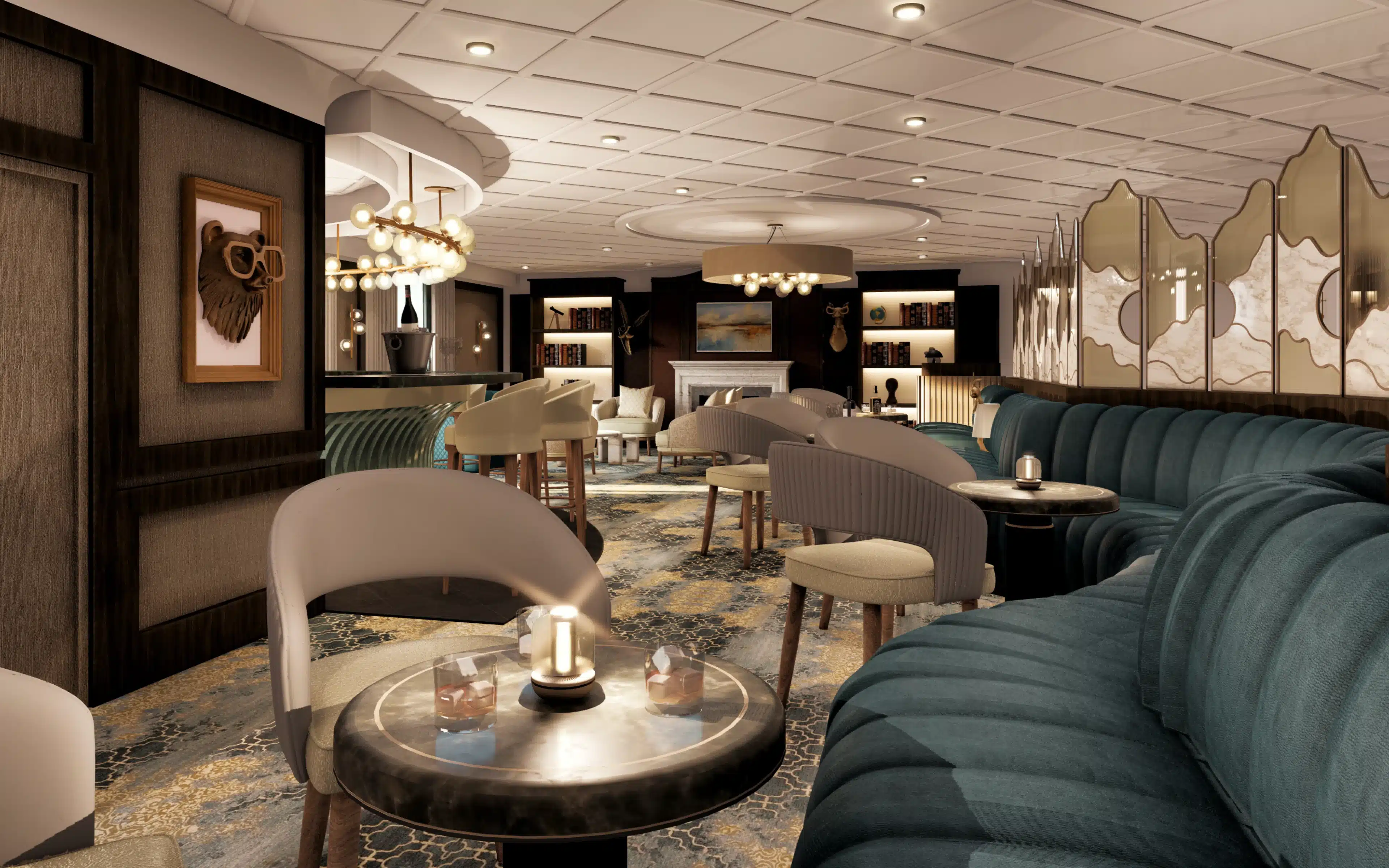 Rendering of an Azamara lounge bar with curved teal velvet banquettes, a marble fireplace, lit bookshelves and whisky glasses on a round table