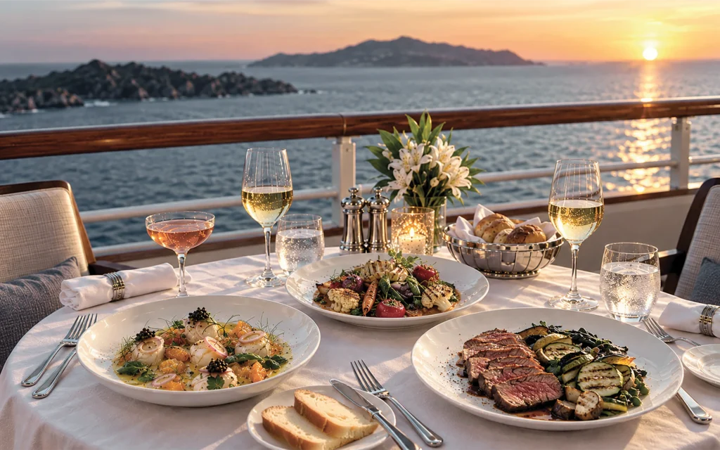 Dinner table set for two on a ship’s deck at sunset, with scallops, sliced steak, grilled vegetables and white wine overlooking rocky islands