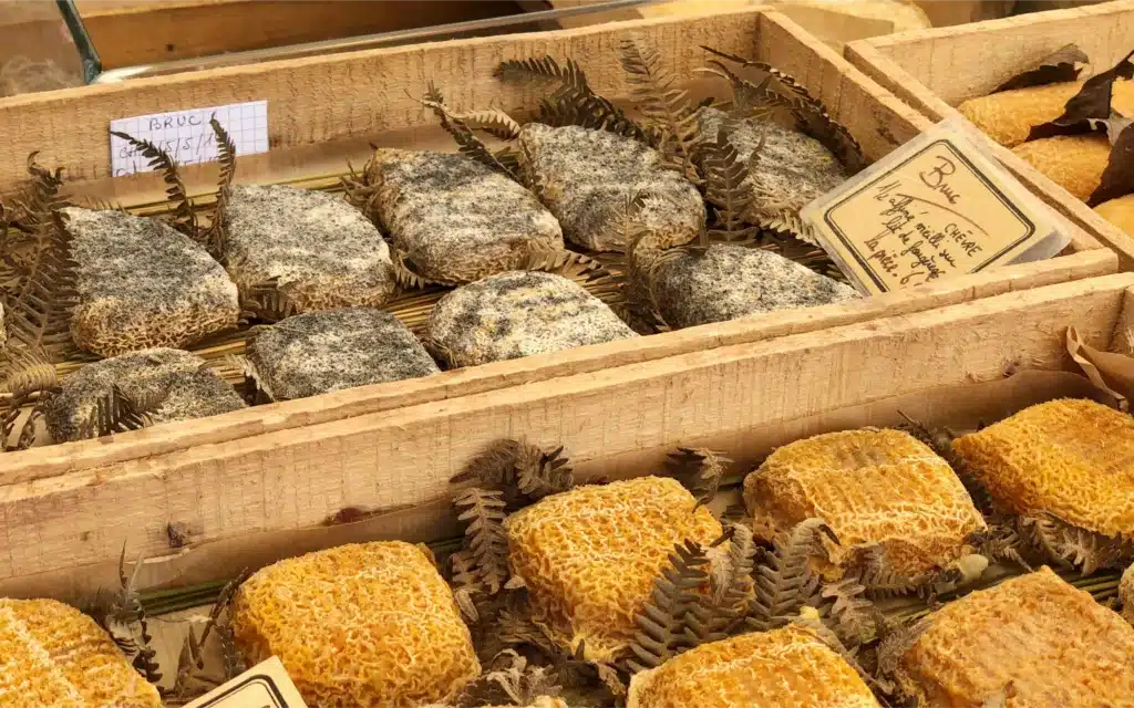 Wooden crates of artisanal goat cheeses aged on beds of fern at a French market stall, one labeled Bruc