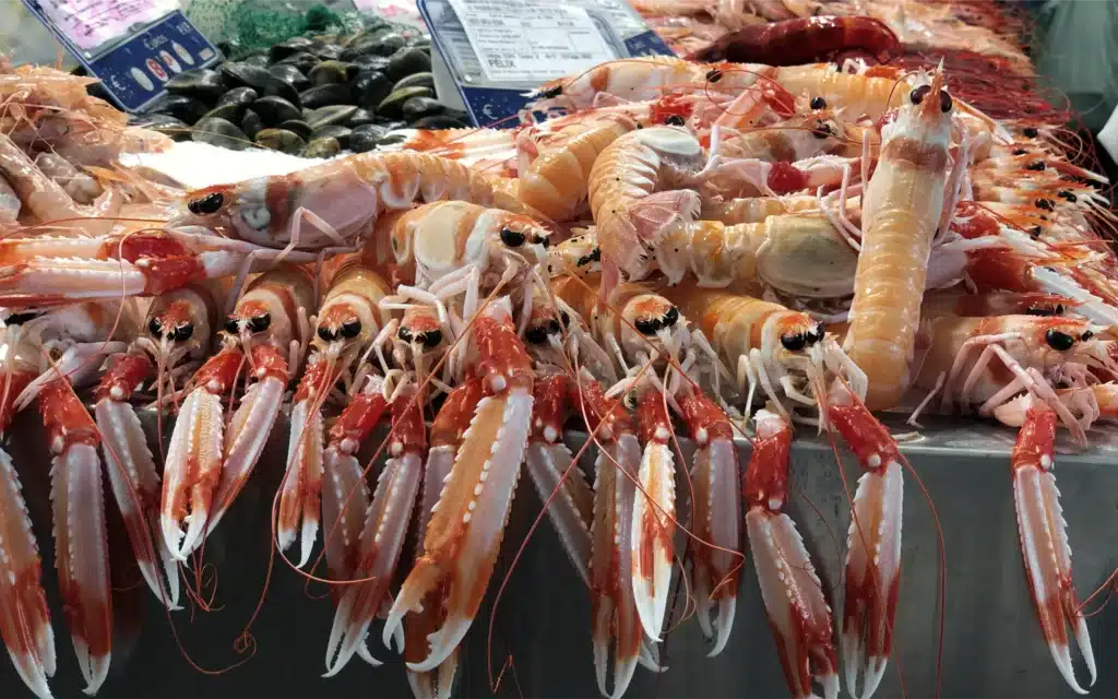 Fresh langoustines piled on ice at a seafood market stall, with clams and euro price signs behind