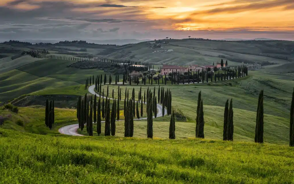 Winding road lined with cypress trees leading through green Tuscan hills to a stone farmhouse at sunset