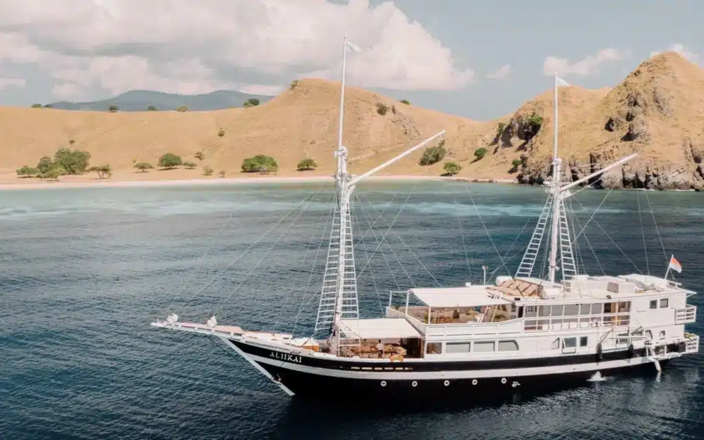 The two-masted wooden sailing ship Aliikai on deep blue water before golden grassy hills and a curving white beach